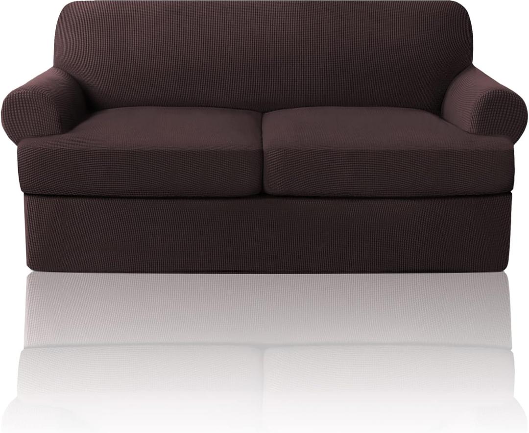 PrinceDeco T Cushion Loveseat Slipcover 3 Pieces Sofa Covers for T Cushion Sofa Stretch Slip Covers for 2 Cushion Couch with 2 Individual T Shape Seat Covers Width Up to 76"- Washable, Brown