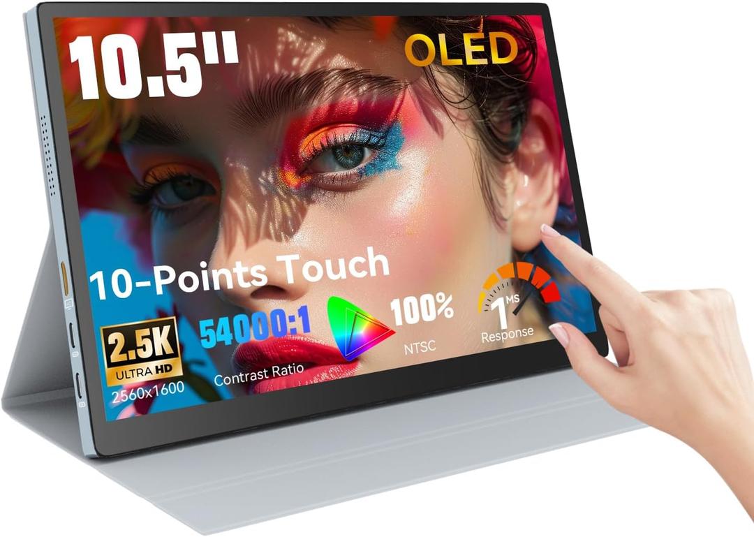 10.5" OLED Touchscreen Portable Monitor 2.5K 2560x1600, 100% NTSC, 54000:1 Contrast, Mini Second Touch Display with Protect Case & Speaker, USB-C, HDMI, Small Screen for Laptop Mini PC Phone, Silver