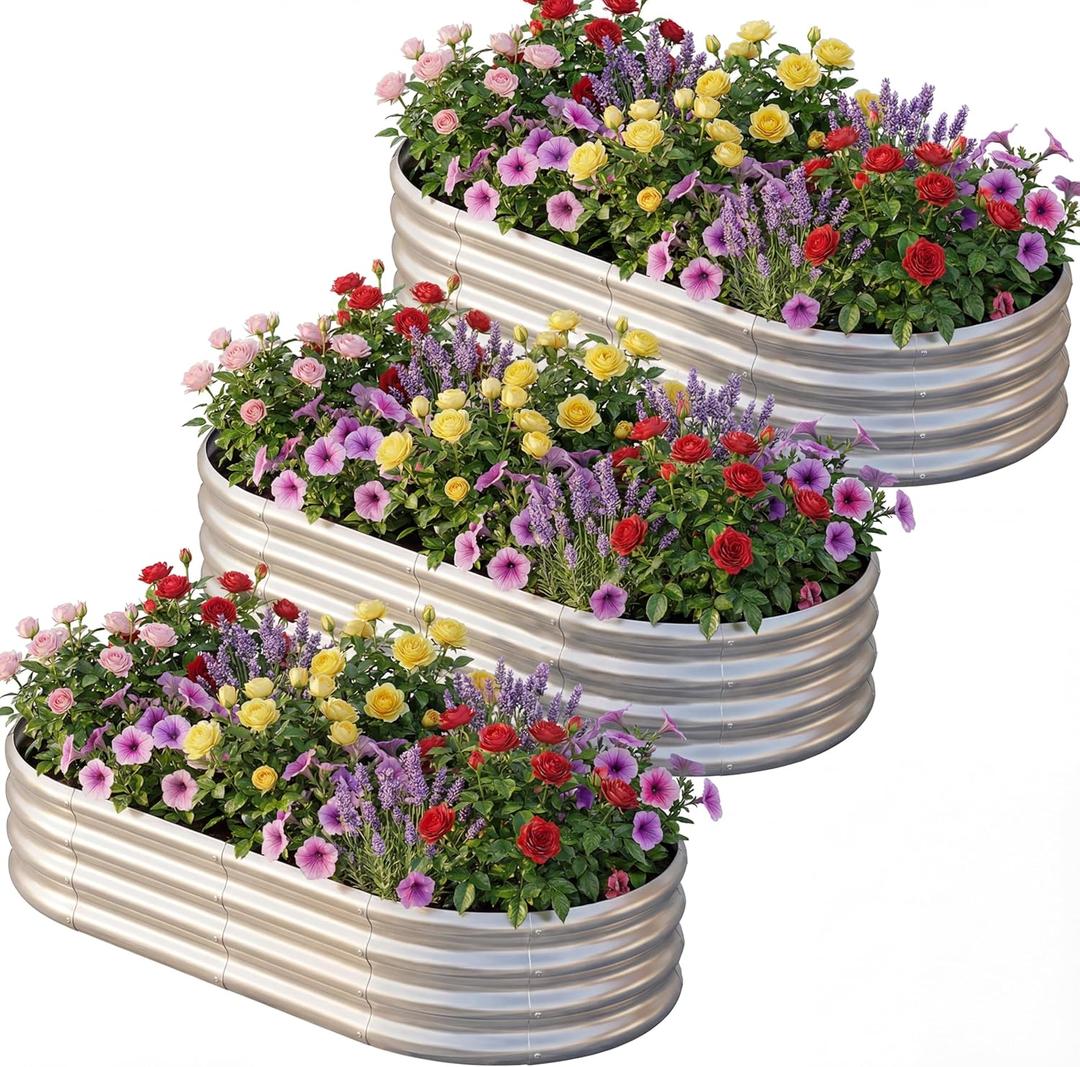 3 Pack 6×3×1ft Galvanized Raised Garden Bed, Oval Metal Garden Bed Planter Boxes Outdoor, Durable Raised Garden Beds Outdoor for Vegetables, Flowers, Silver