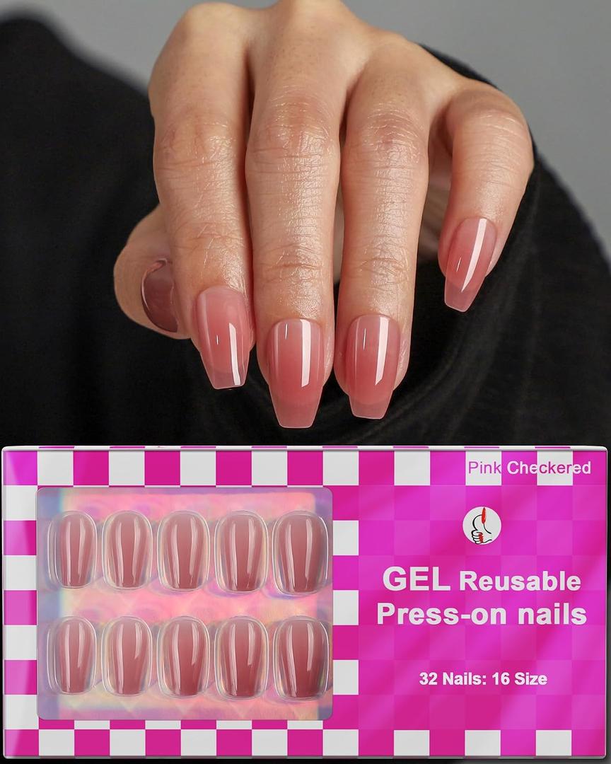 5 x 16 Sizes Coffin Press on Nails Reusable 32pcs Glossy Gel Fake Nails with Glue and Jelly Stickers (Dusty Rose)