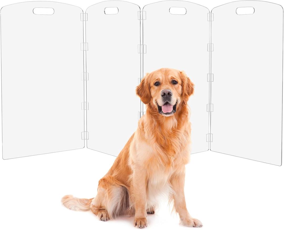 Modern Frame Clear Acrylic Freestanding Dog Gate - 32" Tall Extra-Wide Folding 4-Panel Pet Barrier for Doorways, Stairs & Large Openings, Indoor Fence for Small to Large Dogs & Cats