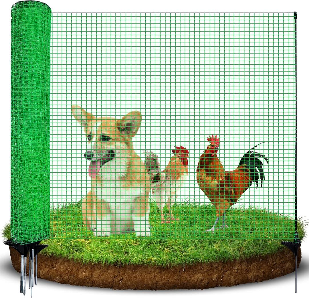 Temporary Fence with Posts, 3'x82' Plastic Fencing Garden Fence Animals Barrier with Fiberglass Stake Windbreak Rope, Portable Snow Fences, Fencing for Dogs Outdoors Backyard (Green)