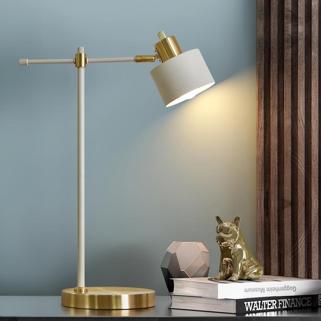 OYEARS Modern Industrial Desk Lamp for Reading LED 22.2 Metal Table Lamp Light for Office Bedroom Study Room Living Room Nightstand Bedside Lamps Gold and Matte Cream Accent (Cream, Bulb Included)