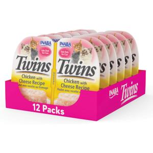 INABA Twins for Cats, Side Dish/Topper Cups, 1.23 Ounces per Serving, 12 Servings, Chicken with Cheese Recipe