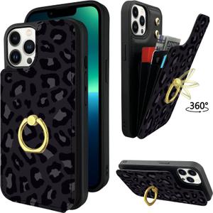TopPerfekt Compatible with iPhone 13 Pro Max Wallet Case with Card Holder, 360Rotation Finger Ring Holder Kickstand Protective RFID Blocking PU Leather Pattern Double Buttons Flip Cover 6.7" Leopard