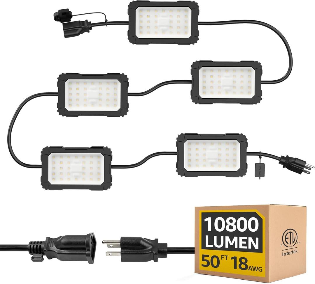 LED Work String Lights:  Super Bright 90W 10800LM ETL Listed Linkable Waterproof Outdoor/Indoor Temporary Hanging Lighting for Construction Attic Jobsite Garage