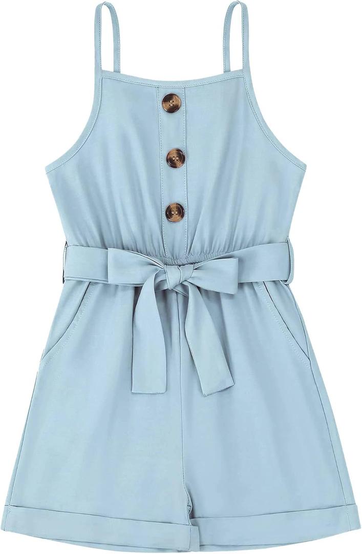 Huanye Girls Sleeveless Halter Romper Jumpsuit with Side Pockets (Blue)