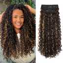 LONAI 4PC Clip in Hair Extensions, 100 Pure Protein Silk Curly Hair Extension for Women, 26 Inch Long Soft Natural Hair Extensions-Brown with Deep Blonde Highlights