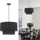 VILUXY Modern Black Chandelier Fabric Pendant Light Fixture Double Drum Shade Hanging Ceiling Chandelier 3 Lights Round Linen for Bedroom Dining Room Living Room Foyer, Black