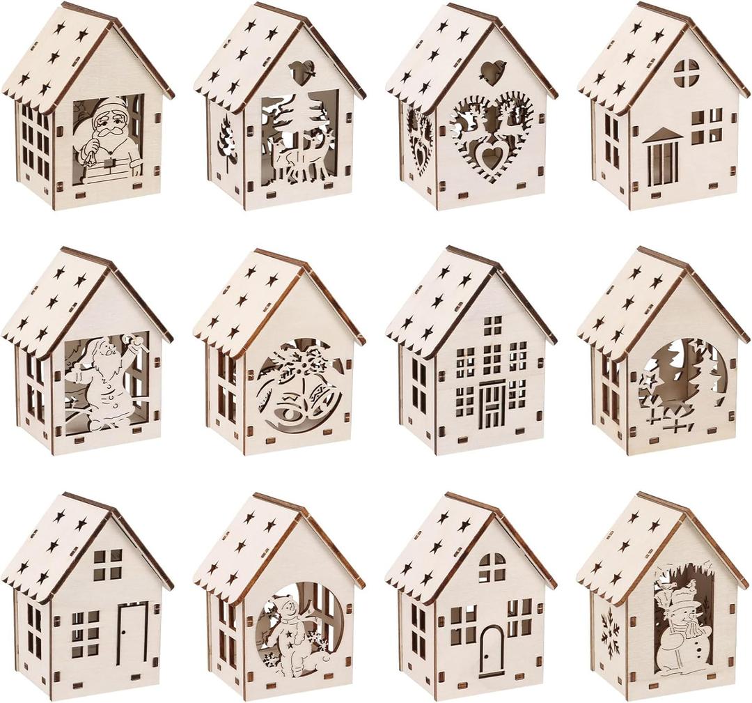 2 x sulanmo 1 Set Christmas Wooden DIY House Xmas Unfinished Wooden Village Mini House Landscape Decors for Xmas Party Tabletop Mantle Decor