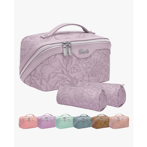 BOYATU Travel Makeup Bags Cosmetic Organizer Bag: 3-Set Large Capacity Make up Bag - PU Leather Toiletry Bags for Women - Wide Open Portable Pouch with Divider & Handle (01-Z-Light Purple)