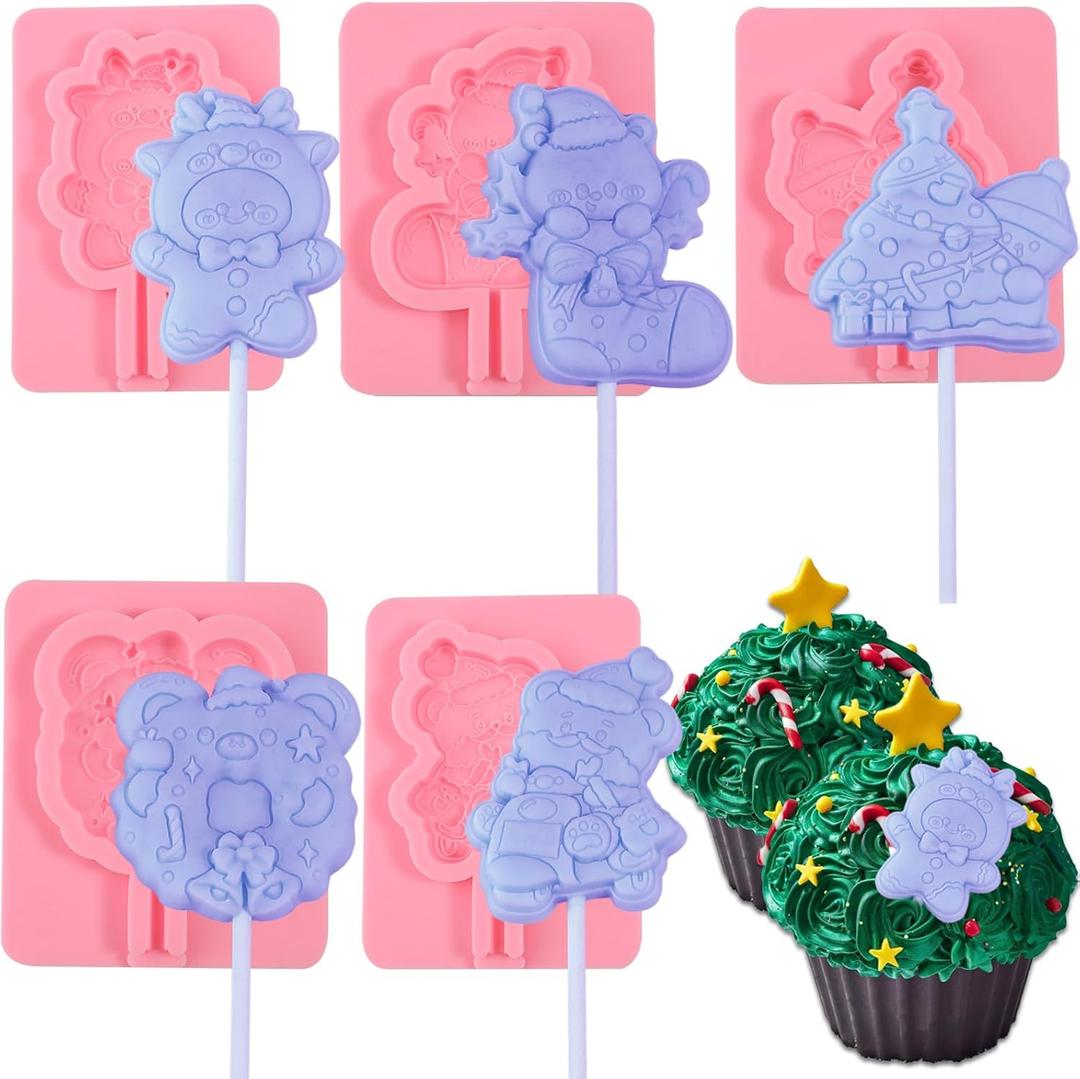 5 Pcs Christmas Lollipop Silicone Molds, Cute Christmas Stocking Santa Bear Cake Decoration Fondant Molds for Cupcake Toppings Biscuits Candy Chocolate Flower Paste Dough Clay Resin Modeling