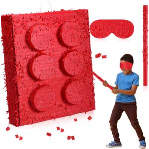 20 Inches Large Piata for Birthday Party with a Blindfold and Bat Piata Birthday Party Decorations for Kids Anniversary Game Supplies(Red Block)