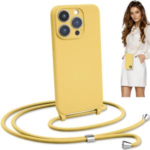Blaspins Crossbody Lanyard Strap Case for iPhone 16, Hands-Free Neck Cross Body Wrist, Adjustable Rope Removable, Drop Protection Shockproof Silicone Case 6.1 inch, 160 cm Strap, iP16 -Yellow
