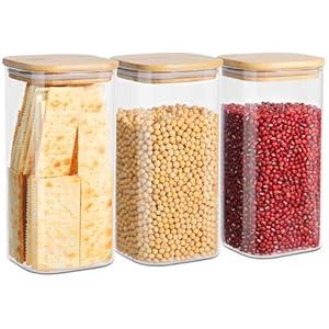 Glass Food Storage Jars with Lids(50oz)Square Set of 3 , Glass Storage Containers Clear Glass Food Canister with Bamboo Lid Airtight For Serving Tea, Coffee Beans, Flour, Cookie, Cereal, Spice and More