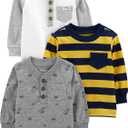 Simple Joys by Carter's Boys 3-Pack Long Sleeve Shirts (4T, Grey Dinosaur/White/Yellow Stripe)