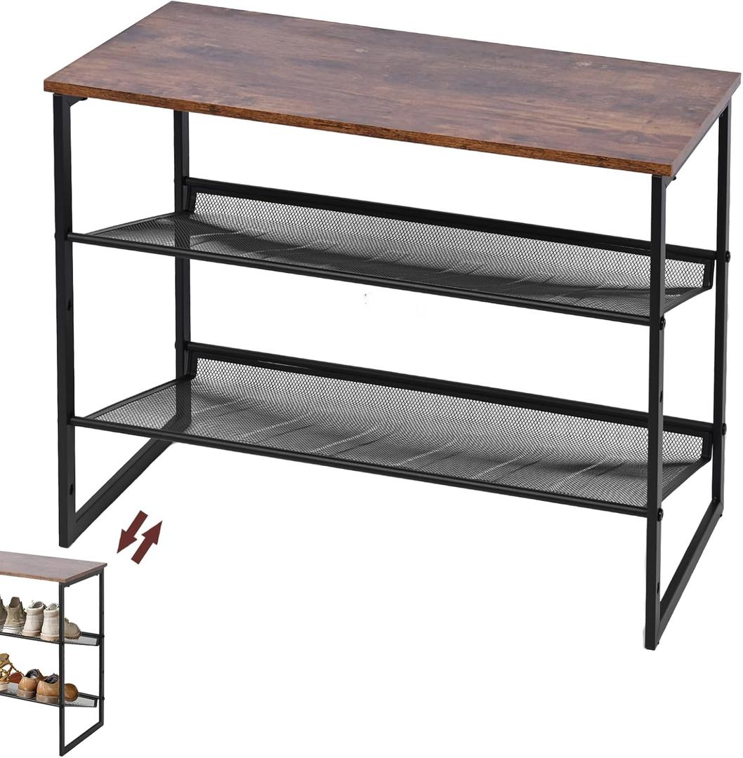 3-Tier Shoe Rack, Tilting Adjustable Freestanding Shoe Organizer, Wooden Top with 4 Metal Mesh Shelves, Shoe Rack for Front Door, Entryway, Hallway, Closet, Industrial (3-Tiers)