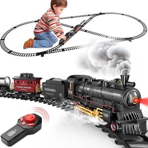 Hot Bee Train Set for Boys, Alloy Remote Control Train Toys with Steam Locomotive Cargo Cars Tracks, Trains with Realistic Smoke Sound Lights,Christmas Train Toys Gifts for 3 4 5 6 7 8+ Years Old Kids