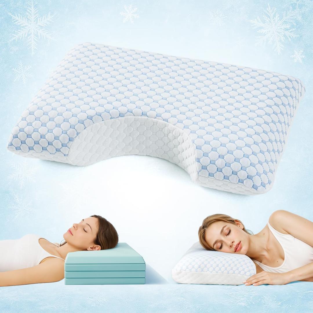 USlixury Side Sleeper Pillows for Adults - Adjustable 4 Layer Curved Pillow with Superior Support, Crescent Pillow for Side/Back Sleeper, A Cool Cover CertiPUR-US Memory Foam Side Sleeper Pillow (23.6"*14.2"*4.8")