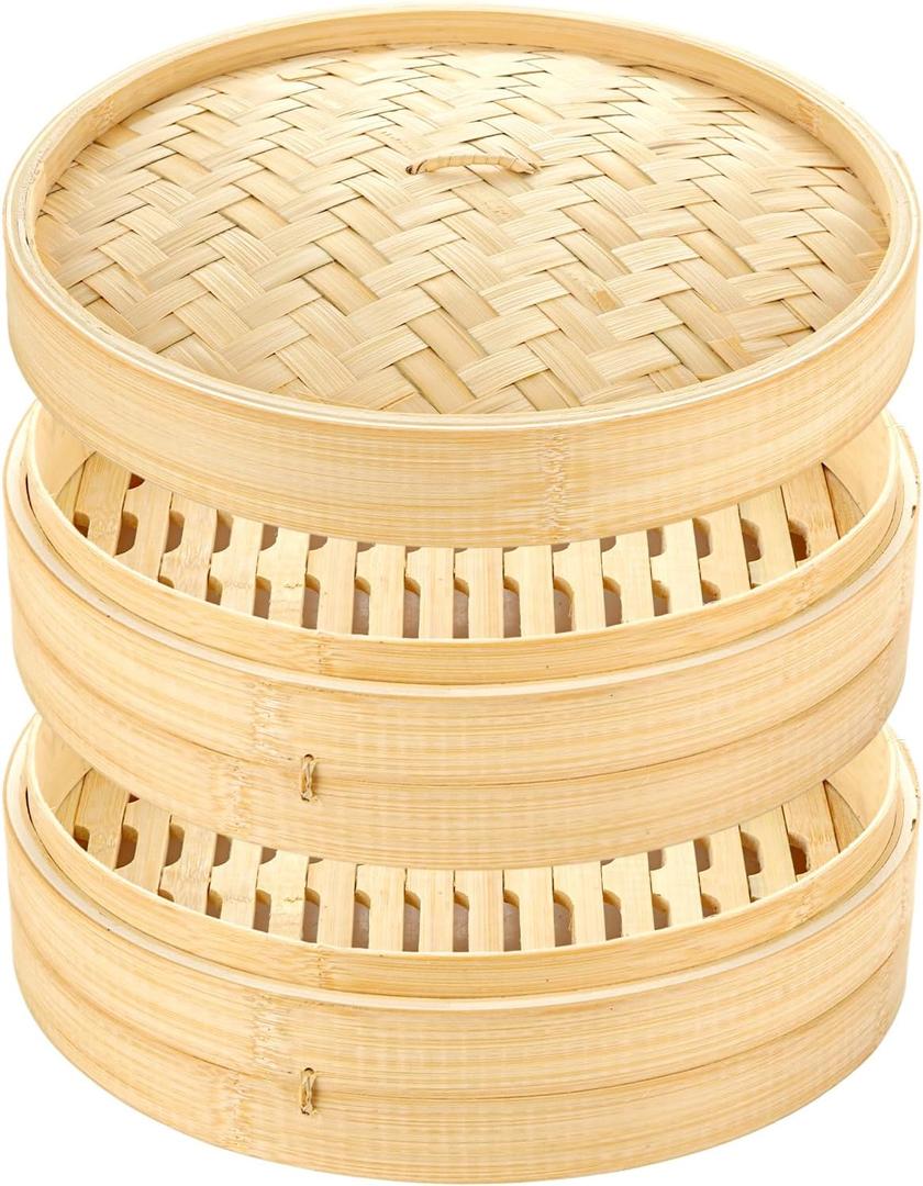 Bamboo Steamer Basket 12-Inch 2-Tier Steamer for Cooking, Chopsticks, Sauce Dish, Steaming Asian Food, Dim Sum, Dumpling, Rice, Bao Buns, Chinese, Vegetable Steam Pot