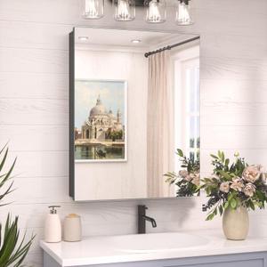 TokeShimi 20 x 26 Recessed Medicine Cabinet Mirror Black Tempered, Aluminum Surface Mount Medicine Cabinet Mirror with Storage with Stepless Adjustable Shelves for Bathroom Modern Farmhouse