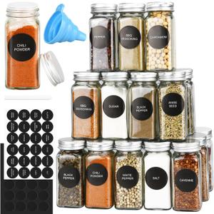 DkOvn 36pcs Glass Spice Jars, 4oz Empty Spice Jars with Metal Caps, Labels, Shaker Lids, Collapsible Funnel, Chalk Pen, Seasoning Organizer for Spice Rack
