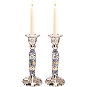 Yair Emanuel Modern Pillar Candle Holders 6.5 Inch | Shabbat Candlestick Holders | Colorful and Intricate Design Set of Two Judcaia Gift (Multicolor Geometric CSV-3)