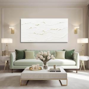 Wavy Line Hand Painted Wall Art Minimalist Decoration 24"x48" Abstract Artwork Paintings for Bedroom Pictures for Office (White)