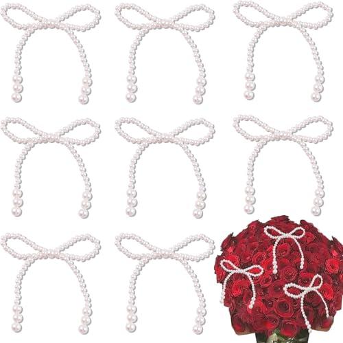 8PCS Pearl Bow Decoration for Bouquets Pearl Bow Cake Decor Topper Beaded Bridal Shower Decoration for Wedding Bridal Shower Birthday Wrapper