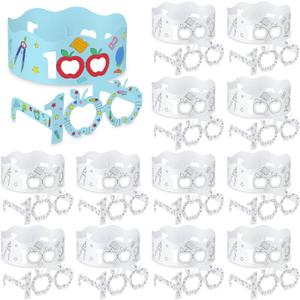 Sanwuta 36 Sets 100th School Day Decorate Glasses and Crowns, 100th Glasses, Crowns Paper Party Eyeglasses for Activities Classroom Favor Gifts