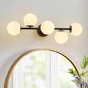 27" Mid Century Modern White Globe Black LED Bathroom Vanity Light, Milk White Glass