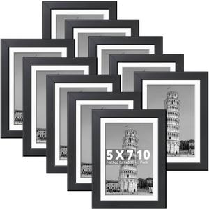 HappyHapi 5x7 Picture Frames Set of 10, Tabletop or Wall Display Pictures 4x6 with Mat or 5x7 Without, Multi Photo Frames Collage (Black)