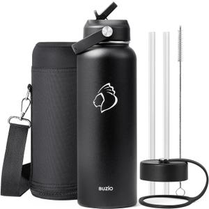 BUZIO 40oz Insulated Water Bottle, Triple Wall Vacuum Stainless Steel Water Flask with 2 lids, Lead-Free BPA-Free Straw Lid Sports Canteen Jug, Cold 48H & Hot 24H- Black