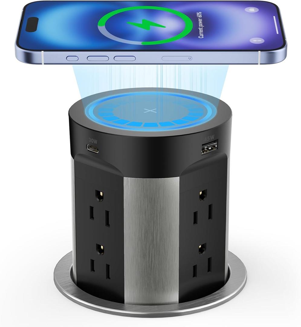 Kungfuking Pop Up Outlet for Countertop Kitchen, 15W Wireless Charger, 75W USB C Counter Top Electrical Power, 8 Outlets & 4 USB Ports, 4" Hole Recessed Popup Outlet for Island Conference Table
