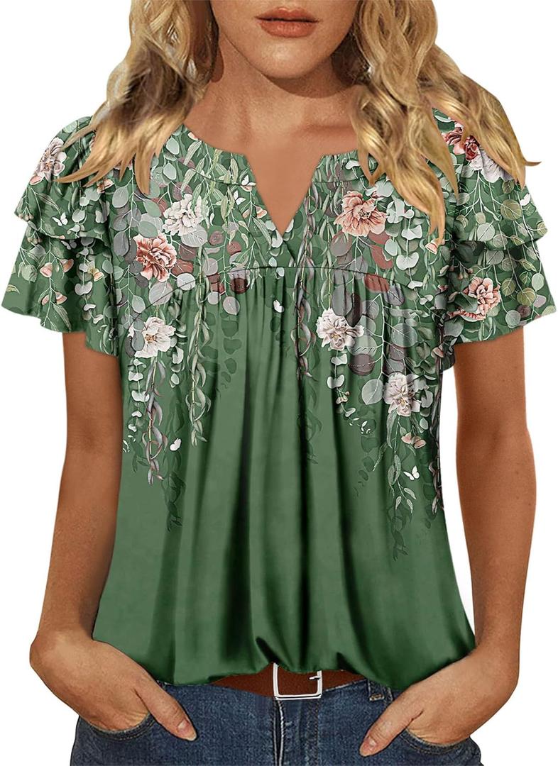 BETTE BOUTIK Womens Crewneck Short Sleeve Summer Tops Pleated Tunic Shirts S-3XL (Green, XXL)