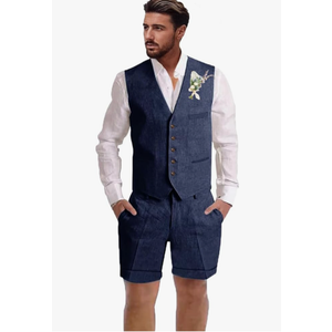 Mens Linen Suit 2 Piece Short Suits for Men Casual Summer Beach Wedding Suit Linen Vest Shorts Set, XL