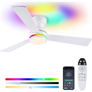 Asyko Ceiling Fans with Lights, 46 Inch Low Profile Ceiling Fan with Light and Remote Control, Reversible, RGB Dimmable, Quiet, White Ceiling Fan for Bedroom Indoor/Outdoor Use