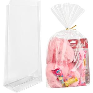 10x14x3.3 Inch Flat Bottom Gusset Treat Bags, 50 Pcs Clear Cellophane Gift Bags with 50 Twist Ties Goodie Bags for Easter Party Favor Cookie, Popcorn, Gift