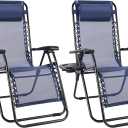 Sweetcrispy Zero Gravity Chairs Set of 2, Outdoor Folding Reclining Lounge Chair with Cup Holder Tray & Adjustable Pillow, Portable Camping Beach Patio Poolside Lawn Yard Chair, Classic Blue, 2pcs