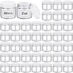 Layhit 60 Pcs 2 oz Glass Jars with Lids Bulk, Small Jars Containers Travel Storage Jar with Inner Liners Labels for Lotions, Cream, Lip Balm (Clear,White Lid)