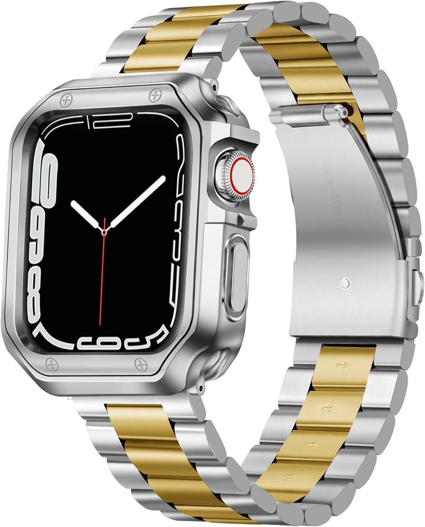 BINLUN Compatible with Apple Watch Band 49mm 46mm 45mm 44mm 42mm Stainless Steel Metal Watch Strap with TPU Watch Case Compatible with iWatch Series Ultra/10/9/8/7/SE2/SE/6/5/4/3/2/1 (Silver-Gold)