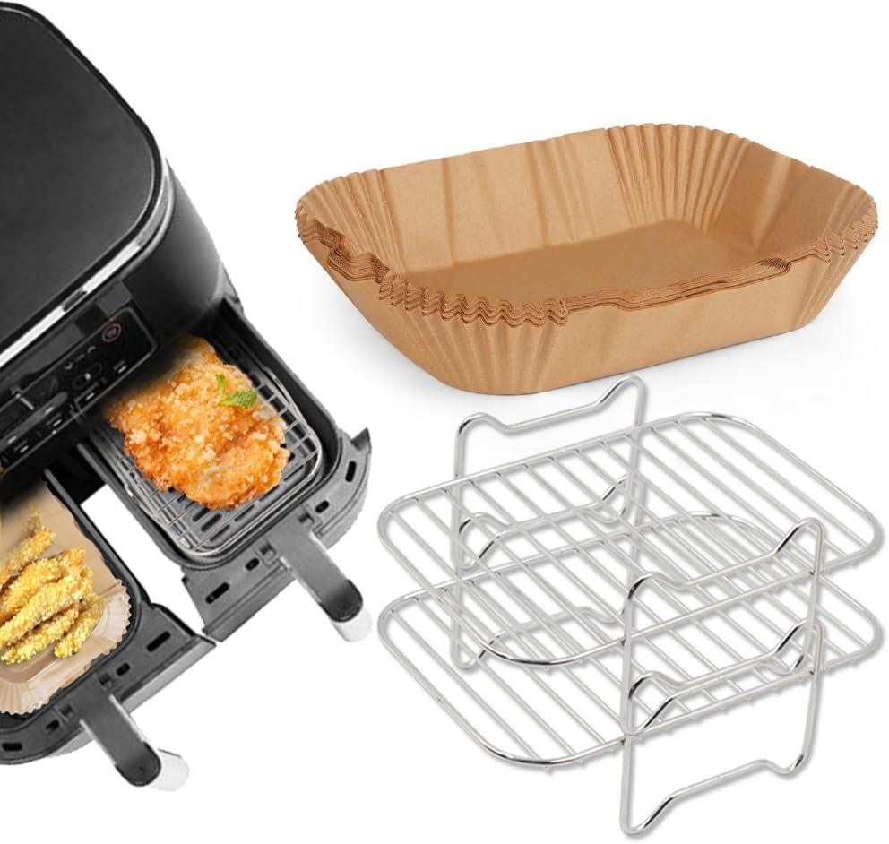 2pcs Air Fryer Rack Set with 100pcs Parchment Paper Compatible with Ninja Foodi DZ201, DZ401, 304 Stainless Steel Toast Dehydrator Racks Air Fryer Paper Liners (4)