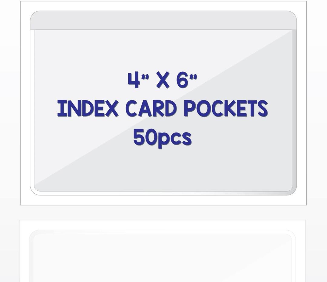 IMAGAME Clear Adhesive 4" x 6" Index Card Pockets with Top Open for Loading, 50 Pack, Plastic Labels Holders for Storage Bins and Library Card, Organizing and Protecting Your Index Cards or Photos