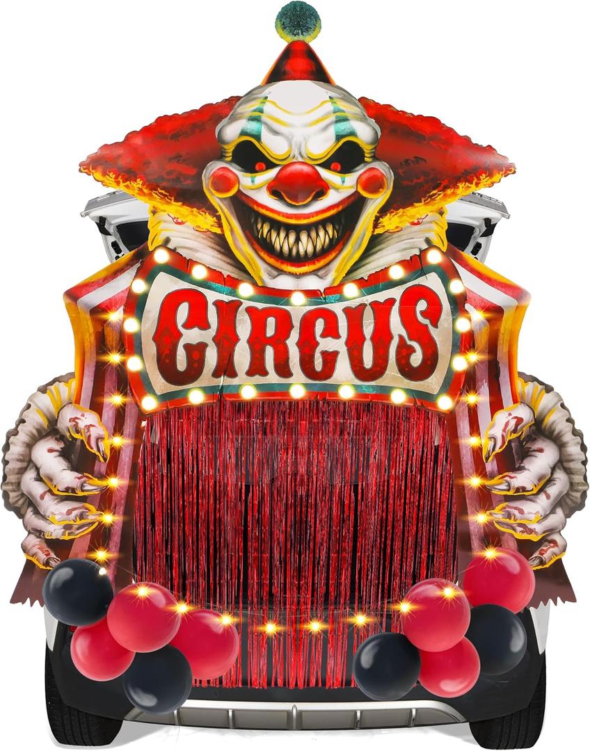JOYIN Halloween Clown Circus Carnival Theme Decorations Kit, Decorations for SUV with LED Light and Balloon, Clown Trunk or Treat Decor for Halloween Party Car Garage Door Yard Archway Outdoor Decor