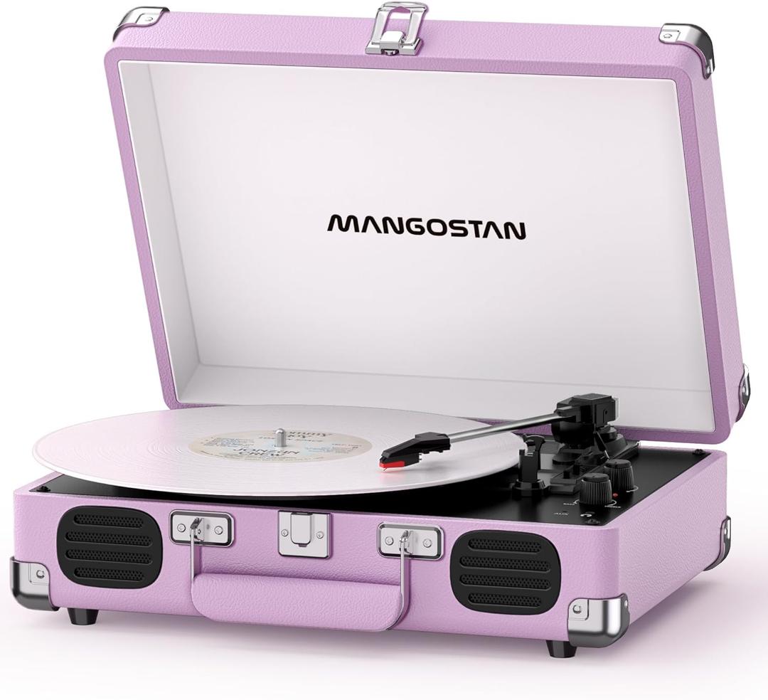 Purple Bluetooth Suitcase Record Player, 3-Speed Turntable | Vintage purple suitcase style with Bluetooth, 3-speed playback, built-in speakers, auto stop, AUX, RCA and headphone jack.