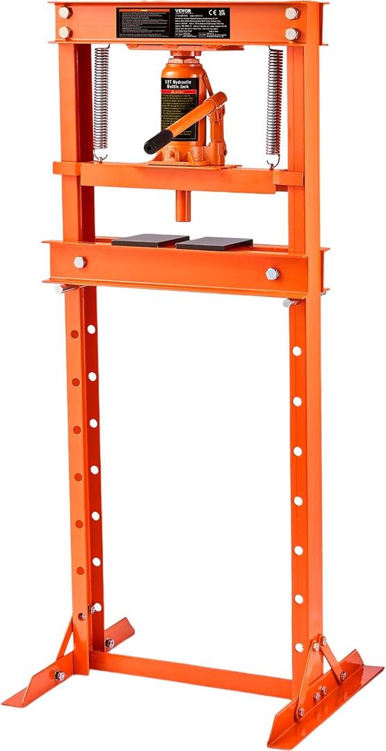 VEVOR Hydraulic Shop Press, 12 Ton/26000lbs, H-Frame, 4-Hold Adjustable Height, with Movable Plates, for Garage or Professional Users, Orange