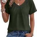 Falechay Women's Shirts Loose Fit Pleated Babydoll Blouses V Neck Pintuck Sleeve Shirt Elegant Comfort Fit Summer Fashion Clothes Peasant Tunic Top Army Green L