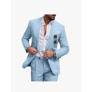 Linen Men Suit Set Casual Tuxedo 2 Piece Regular Fit Blazer One Button Solid Jacket and Pants for Prom Wedding Party, Medium