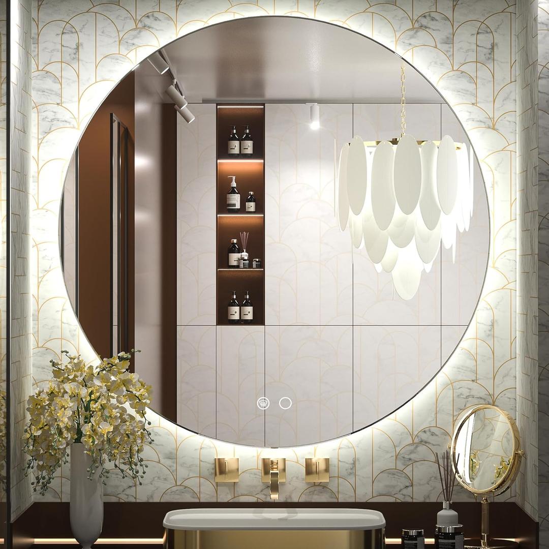 Keonjinn 36 Inch Round LED Mirror for Bathroom, Circle Backlit Mirror, 3 Color Lights, UL Listed LED Driver, Anti-Fog, Dimmable, Large Circular Bathroom Mirrors