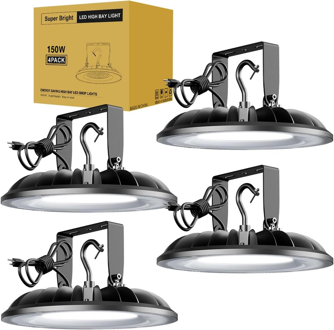 150W UFO LED High Bay Light, 16500Lm 5000K High Bay LED Shop Lights UL Listed with US Plug, 2 Types of Installation, Waterproof Commercial Plug & Play Lighting for Warehouse Factory Barn Shop, 4 Pack